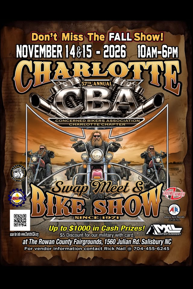 57th Annual CBA Charlotte Chapter Swap Meet and Bike Show flyer — November 14 and 15, 2026